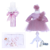 Set complet pentru botez de fetite, ingeras, lumanare, trusou, rochita si pantofiori, 10 piese, roz pudrat, REC1977