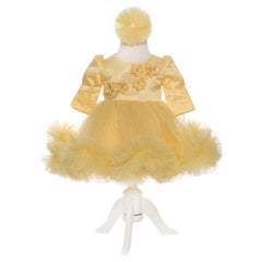 Set complet pentru botez de fetite, ivoire-galben, lumanare cu ursulet, trusou brodat cu ursulet, rochita si pantofiori, 11 piese, REC1982