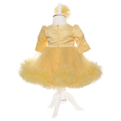 Set complet pentru botez de fetite, ivoire-galben, lumanare cu ursulet, trusou brodat cu ursulet, rochita si pantofiori, 11 piese, REC1982