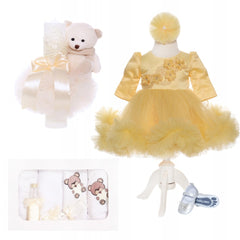 Set complet pentru botez de fetite, ivoire-galben, lumanare cu ursulet, trusou brodat cu ursulet, rochita si pantofiori, 11 piese, REC1982