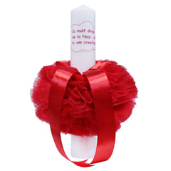 Set complet pentru botez de fetite, rosu, lumanare "Cu drag de la nasi", trusou brodat "Cu drag de la nasi", rochita si pantofiori, 11 piese, REC1985