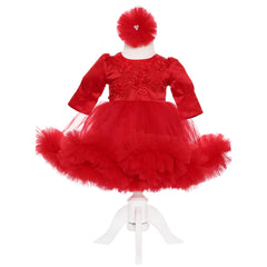 Set complet pentru botez de fetite, rosu, lumanare "Cu drag de la nasi", trusou brodat "Cu drag de la nasi", rochita si pantofiori, 11 piese, REC1985