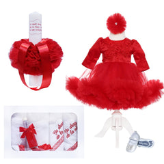 Set complet pentru botez de fetite, rosu, lumanare "Cu drag de la nasi", trusou brodat "Cu drag de la nasi", rochita si pantofiori, 11 piese, REC1985