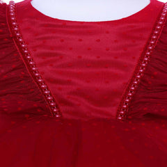 Set complet pentru botez de fetite, rosu, lumanare cu ursuleti, trusou brodat "Cu drag de la nasi", rochita si pantofiori, 11 piese, REC1981