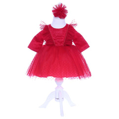 Set complet pentru botez de fetite, rosu, lumanare cu ursuleti, trusou brodat "Cu drag de la nasi", rochita si pantofiori, 11 piese, REC1981