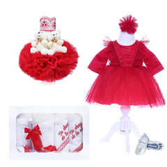 Set complet pentru botez de fetite, rosu, lumanare cu ursuleti, trusou brodat "Cu drag de la nasi", rochita si pantofiori, 11 piese, REC1981