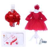 Set complet pentru botez de fetite, rosu, lumanare "Radacini si aripi de la parinti", trusou cu ingeras, rochita si pantofiori, 10 piese, REC1980
