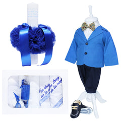 Set complet pentru botez, lumanare albastru electric " Cu drag de la nasi", trusou brodat " Cu drag de la nasi" 7 piese, costum 5 piese si pantofiori, REC1281
