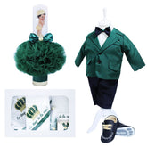 Set complet pentru botez, lumanare bebe print cu tulle verde, costum verde, trusou cu coroana de print si mesajul "Cu drag de la nasi" si pantofiori, 14 piese, REC890