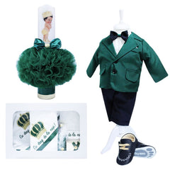 Set complet pentru botez, lumanare bebe print cu tulle verde, costum verde, trusou cu coroana de print si mesajul "Cu drag de la nasi" si pantofiori, 14 piese, REC890