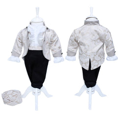 Set complet pentru botez, lumanare bleumarin cu coroana print, trusou brodat cu coroana si mesajul "Cu drag de la nasi", 7 piese, costum Micul print din brocart format din 4 piese, REC1308