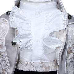 Set complet pentru botez, lumanare bleumarin cu coroana print, trusou brodat cu coroana si mesajul "Cu drag de la nasi", 7 piese, costum Micul print din brocart format din 4 piese, REC1308