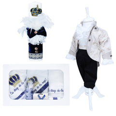 Set complet pentru botez, lumanare bleumarin cu coroana print, trusou brodat cu coroana si mesajul "Cu drag de la nasi", 7 piese, costum Micul print din brocart format din 4 piese, REC1308