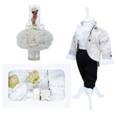 Set complet pentru botez, lumanare crem cu bebe print, trusou brodat cu coroana si mesajul "Cu drag de la nasi", 7 piese, costum Micul print din brocart format din 4 piese, REC1307