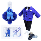 Set complet pentru botez, lumanare " Cu drag de la nasi", costum albastru-electric, trusou brodat "Cu drag de la nasi" si pantofiori, 14 piese, REC893