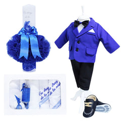 Set complet pentru botez, lumanare " Cu drag de la nasi", costum albastru-electric, trusou brodat "Cu drag de la nasi" si pantofiori, 14 piese, REC893