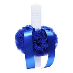 Set complet pentru botez, lumanare cu tulle albastru electric si mesajul "Cu drag de la nasi", trusou compus din 7 piese brodat "Cu drag de la nasi", costum galben format din 5 piese si pantofiori, REC1265