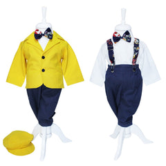 Set complet pentru botez, lumanare cu tulle albastru electric si mesajul "Cu drag de la nasi", trusou compus din 7 piese brodat "Cu drag de la nasi", costum galben format din 5 piese si pantofiori, REC1265