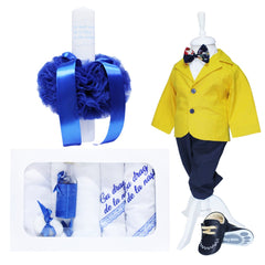 Set complet pentru botez, lumanare cu tulle albastru electric si mesajul "Cu drag de la nasi", trusou compus din 7 piese brodat "Cu drag de la nasi", costum galben format din 5 piese si pantofiori, REC1265