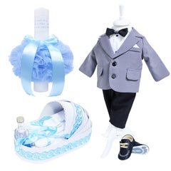 Set complet pentru botez, lumanare cu tulle bleu si mesajul "Cu drag de la nasi, azi m-am crestinat", costum gri, trusou brodat cu mesajul "Azi m-am crestinat" si pantofiori, 13 piese, REC901