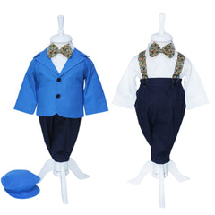 Set complet pentru botez, lumanare cu tulle tip glob albastru electric si doi ursuleti de plus, trusou tip landou din 6 piese brodat cu "Azi m-am crestinat", costum format din 5 piese si pantofiori, REC1283