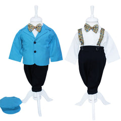 Set complet pentru botez, lumanare cu tulle tip glob bleu " Cu drag de la nasi", trusou tip landou compus din 6 piese brodat cu "Azi m-am crestinat" costum turcoaz format din 5 piese si pantofiori, REC1272