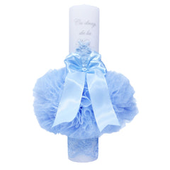 Set complet pentru botez, lumanare cu tulle tip glob bleu " Cu drag de la nasi", trusou tip landou compus din 6 piese brodat cu "Azi m-am crestinat" costum turcoaz format din 5 piese si pantofiori, REC1272