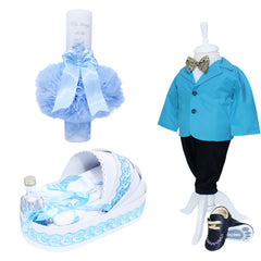 Set complet pentru botez, lumanare cu tulle tip glob bleu " Cu drag de la nasi", trusou tip landou compus din 6 piese brodat cu "Azi m-am crestinat" costum turcoaz format din 5 piese si pantofiori, REC1272