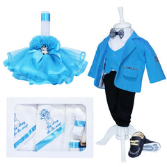 Set complet pentru botez, lumanare cu tulle turcoaz si ingeras aplicat, costum turcoaz din bumbac, trusou brodat cu ingeras si mesajul "Cu drag de la nasi" si pantofiori,13 piese, REC910