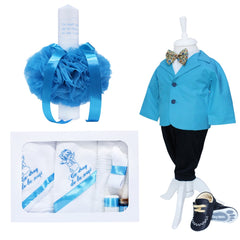 Set complet pentru botez, lumanare cu tulle turcoaz si mesajul "Cu drag de la nasi", trusou compus din 6 piese brodat cu ingeras si mesajul "Cu drag de la nasi", costum turcoaz format din 5 piese si pantofiori, REC1269