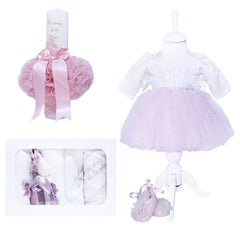Set complet pentru botez, lumanare glob roz Cu drag de la nasi, rochie alb-roz din tulle si satin, trusou roz brodat cu mesajul "Cu drag de la nasi" si pantofiori, 11 piese, REC961