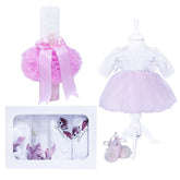 Set complet pentru botez, lumanare glob roz Cu drag de la nasi, rochie alb-roz din tulle si satin, trusou roz brodat cu ponei si pantofiori, 11 piese, REC962