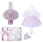 Set complet pentru botez, lumanare glob roz pudrat cu bebe printesa, rochie alb-roz din tulle si satin, trusou roz imprimat cu rugaciune si pantofiori, 11 piese, REC960