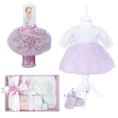 Set complet pentru botez, lumanare glob roz pudrat cu bebe printesa, rochie alb-roz din tulle si satin, trusou roz imprimat cu rugaciune si pantofiori, 11 piese, REC960