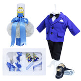 Set complet pentru botez, lumanare imprimata cu Minion, costum albastru-electric, trusou brodat cu Minion si pantofiori, 14 piese, REC895