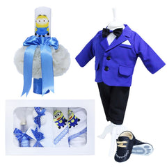 Set complet pentru botez, lumanare imprimata cu Minion, costum albastru-electric, trusou brodat cu Minion si pantofiori, 14 piese, REC895