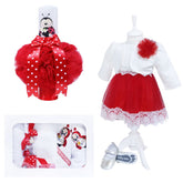 Set complet pentru botez, lumanare rosie cu buburuza aplicata, rochie alb-rosie din tulle si satin, trusou brodat cu buburuza si pantofiori, 12 piese, REC944