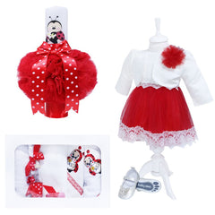 Set complet pentru botez, lumanare rosie cu buburuza aplicata, rochie alb-rosie din tulle si satin, trusou brodat cu buburuza si pantofiori, 12 piese, REC944