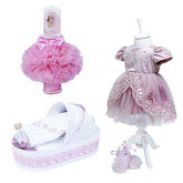 Set complet pentru botez, lumanare roz cu bebe printesa si perlute, rochie roz pudrat din tulle si satin, trusou brodat cu mesajul "azi m-am crestinat" si pantofiori, 11 piese, REC931