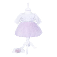 Set complet pentru botez, lumanare roz cu ingeras, rochie alb-roz din tulle si satin, trusou imprimat cu rugaciune si pantofiori, 11 piese, REC969