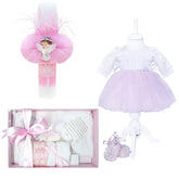 Set complet pentru botez, lumanare roz cu ingeras, rochie alb-roz din tulle si satin, trusou imprimat cu rugaciune si pantofiori, 11 piese, REC969