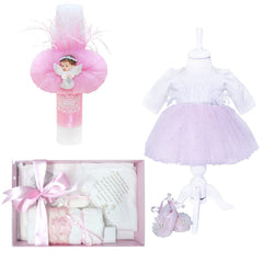 Set complet pentru botez, lumanare roz cu ingeras, rochie alb-roz din tulle si satin, trusou imprimat cu rugaciune si pantofiori, 11 piese, REC969