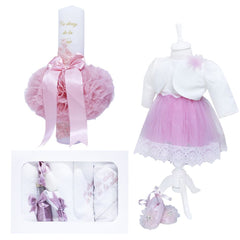 Set complet pentru botez, lumanare roz cu mesajul" Cu drag de la nasi", rochie roz din tulle si satin, trusou brodat cu mesajul "Cu drag de la nasi" si pantofiori, 11 piese, REC938