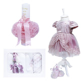 Set complet pentru botez, lumanare roz cu mesajul "Cu drag de la nasi", rochie roz pudrat din tulle si satin, trusou brodat cu mesajul "Cu drag de la nasi" si pantofiori, 12 piese, REC934