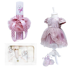 Set complet pentru botez, lumanare roz cu "Pisica aristocrata", rochie roz pudrat din tulle si satin, trusou brodat cu "Pisica aristocrata" si pantofiori, 12 piese, REC930
