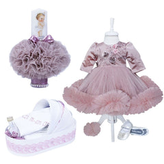 Set complet pentru botez, lumanare roz pudrat cu bebe printesa, rochie roz pudrat din tulle si satin, trusou brodat cu mesajul "Azi m-am crestinat" si pantofiori, 10 piese, REC988