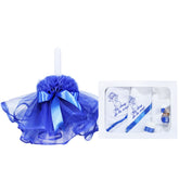 Set complet pentru botez, lumanare si trusou, alb-albastru electric, cu mesaj �Cu drag de la nasi�, 7 piese, REC370