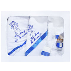 Set complet pentru botez, lumanare si trusou, alb-albastru electric, cu mesaj �Cu mult drag de la nasi� pentru botez, 7 piese, REC349
