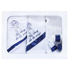 Set complet pentru botez, lumanare si trusou, alb-bleumarin, cu mesaj �Cu mult drag de la nasi� pentru botez, 7 piese, REC347