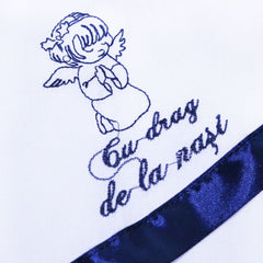 Set complet pentru botez, lumanare si trusou, alb-bleumarin, cu mesaj �Cu mult drag de la nasi� pentru botez, 7 piese, REC347